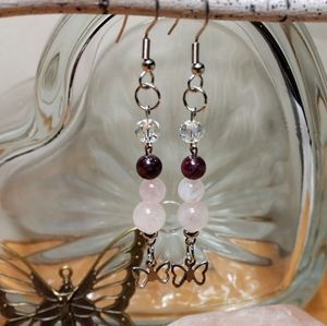 Rose Quartz and Garnet Earrings with butterfly's